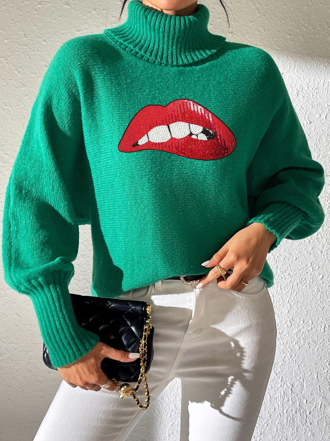 Lip Turtleneck Long Sleeve Sweater Trandify Deal