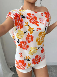 Floral print one shoulder blouse for women – short sleeve ruffled boho top in summer colors
