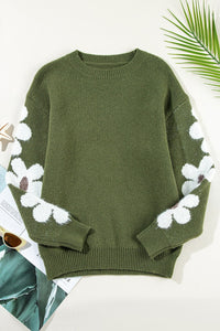 Flower Round Neck Long Sleeve Sweater Trandify Deal