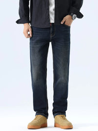 Men's washed blue straight leg jeans, regular fit, stretch denim