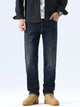 Men's washed blue straight leg jeans, regular fit, stretch denim