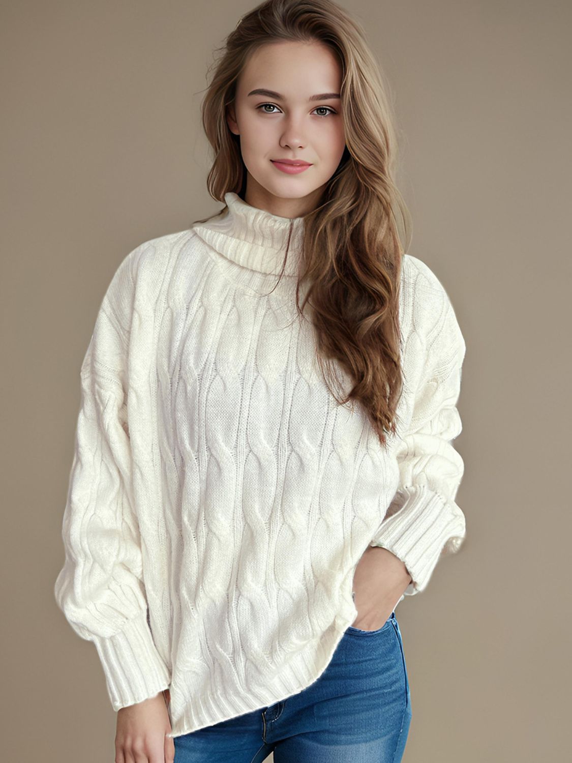 Cable-Knit Turtleneck Long Sleeve Sweater Trandify Deal