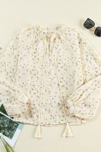 Frill Lace Detail Printed Tie Neck Long Sleeve Blouse Trandify Deal