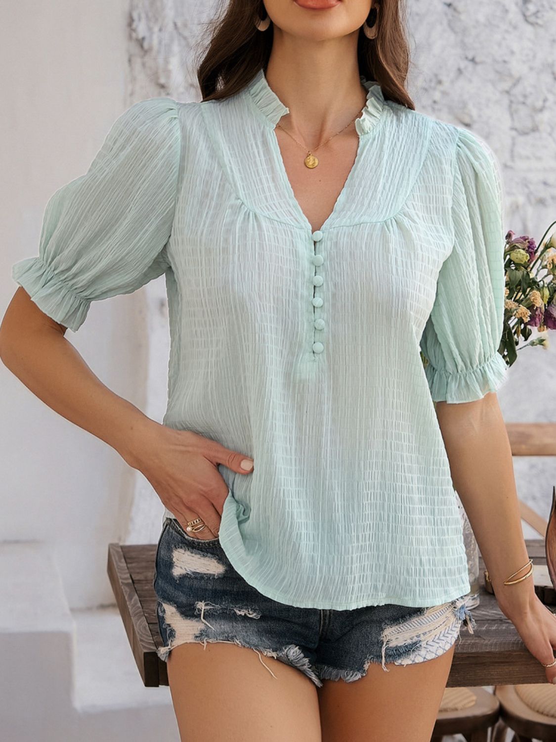 Women’s Devine Frill Notched Short Sleeve Blouse – Ruffled V-Neck Top for Casual & Office Wear