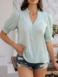 Women’s Devine Frill Notched Short Sleeve Blouse – Ruffled V-Neck Top for Casual & Office Wear