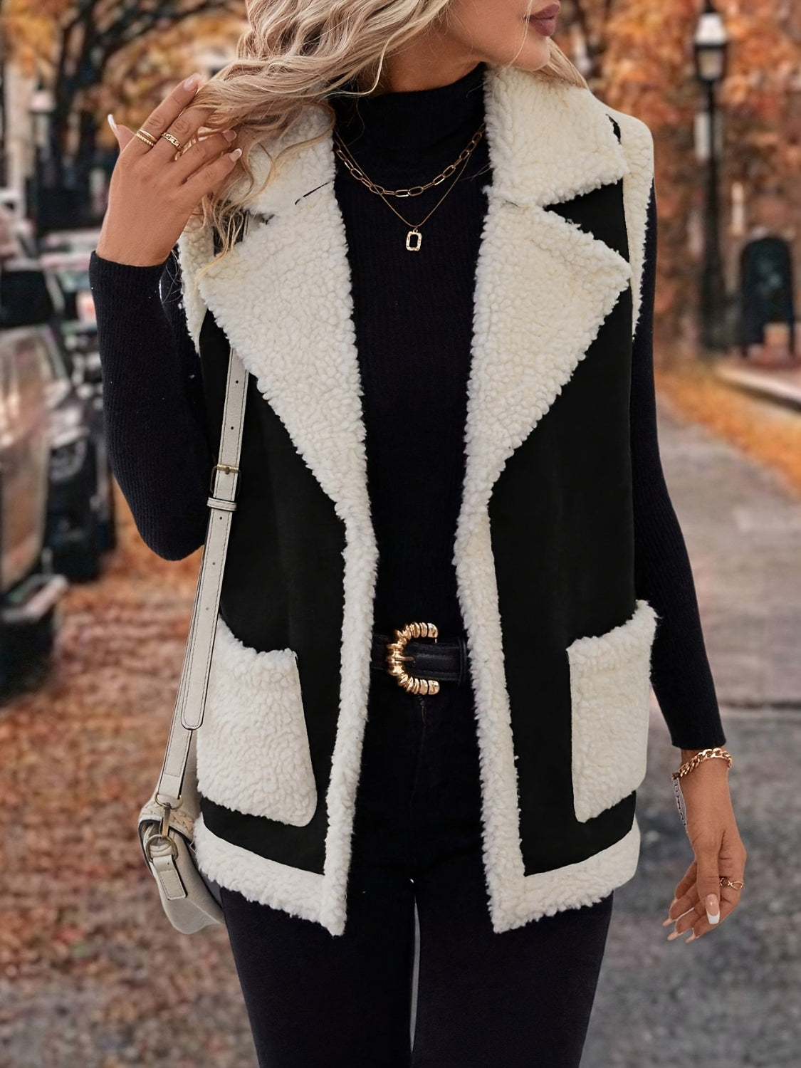 Full Size Contrast Open Front Sherpa Vest Coat Trandify deal