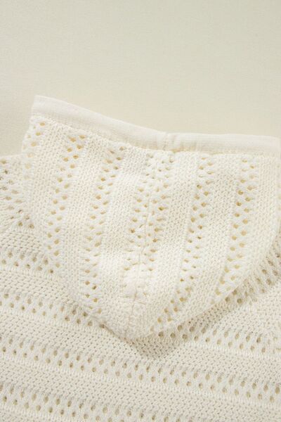 Women's lacy openwork knit hoodie with drawstring hood long sleeve sweater casual boho chic top for fall layering