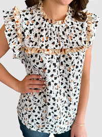 Ruffled Printed Mock Neck Cap Sleeve Blouse Trandify deal