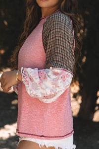 Plaid Floral Patchwork Round Neck Long Sleeve Top Trandify Deal