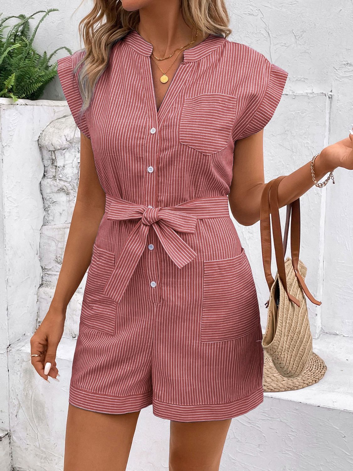 Striped Notched Tie Waist Romper Trandify deal