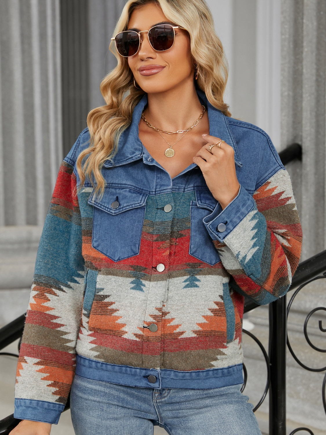 Geometric Button Up Long Sleeve Denim Jacket Trandify Deal