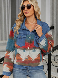 Geometric Button Up Long Sleeve Denim Jacket Trandify Deal