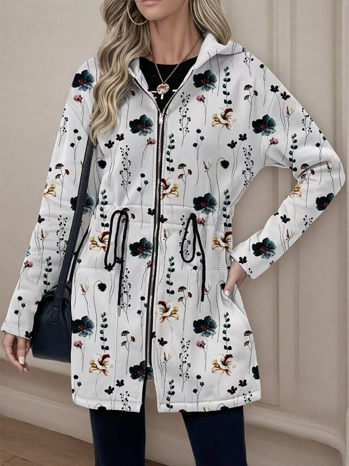 Women's lightweight zip up hoodie jacket in White with front pockets.