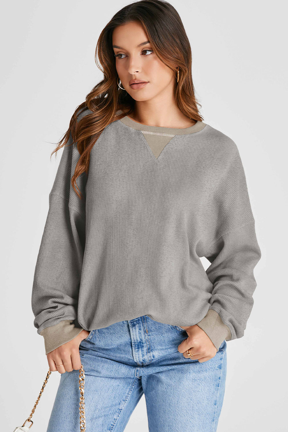 Waffle-Knit Long Sleeve Sweatshirt Trandify Deal