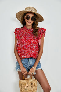 Ruffled Ditsy Floral Mock Neck Cap Sleeve Blouse Trandify deal