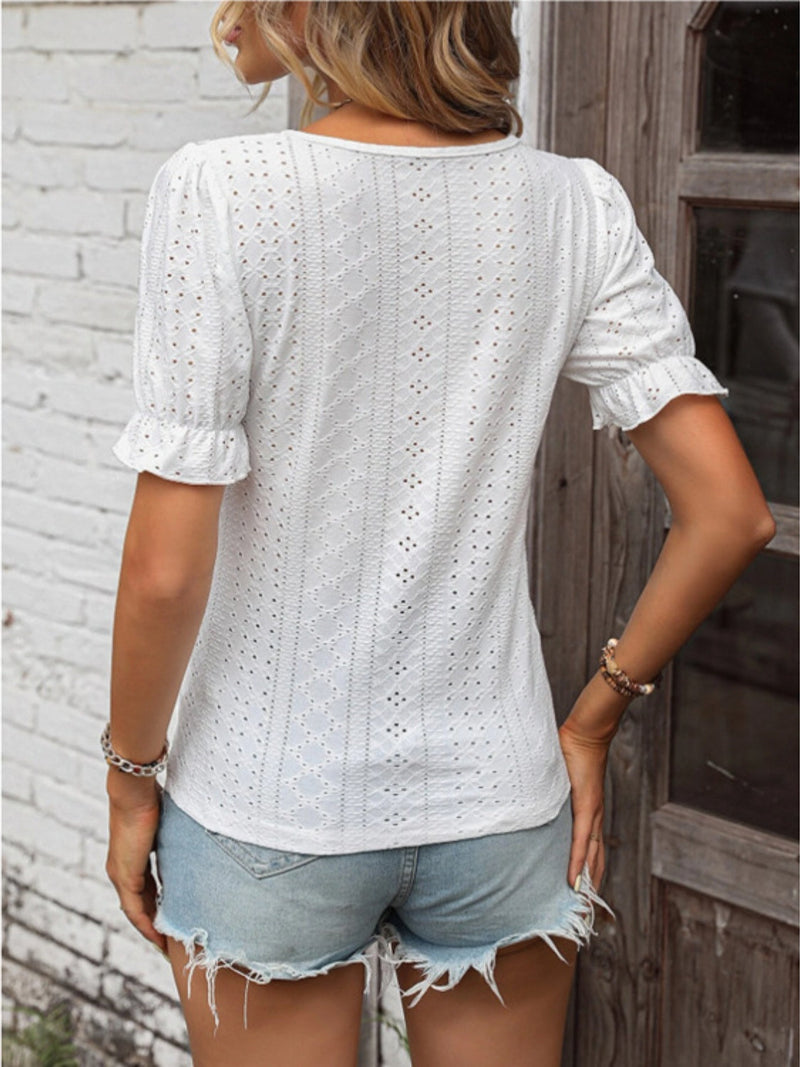 Eyelet Lace Detail V-Neck Flounce Sleeve Blouse Trandify deal