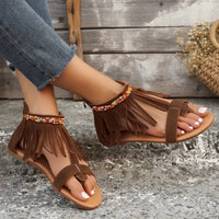 women's PU leather fringe sandals with ankle strap