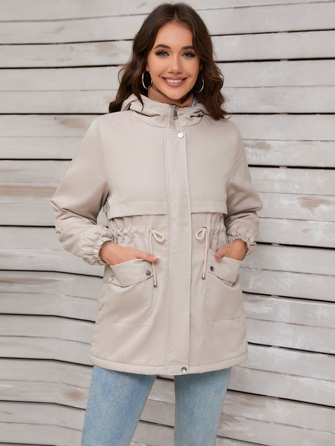 Drawstring Long Sleeve Hooded Jacket Trandify Deal