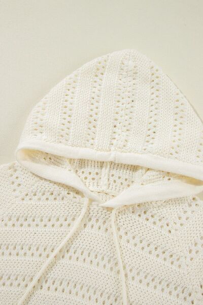 Women's lacy openwork knit hoodie with drawstring hood long sleeve sweater casual boho chic top for fall layering