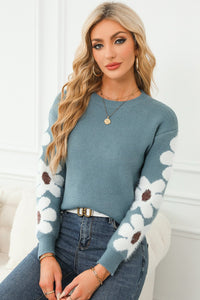 Flower Round Neck Long Sleeve Sweater Trandify Deal
