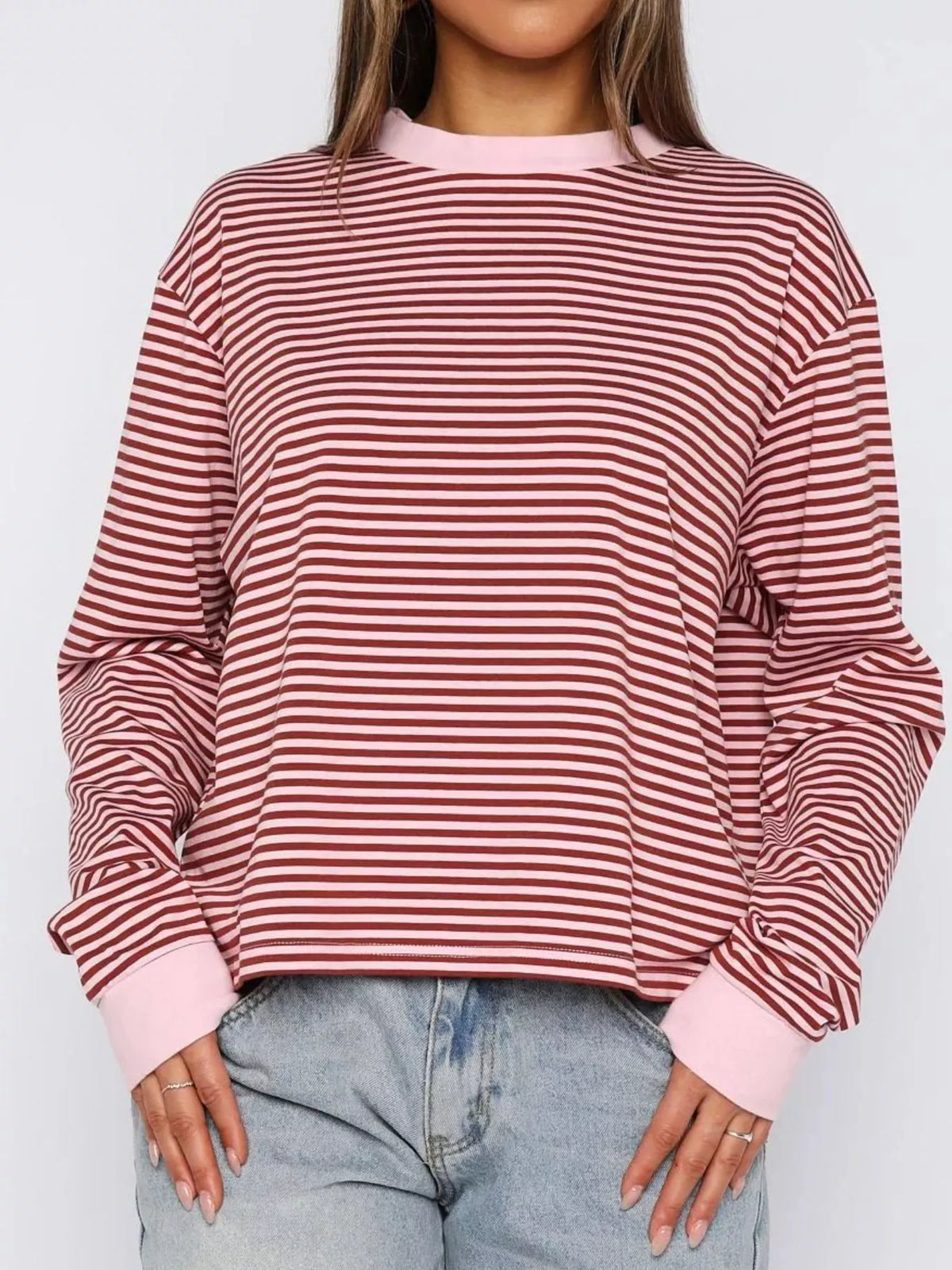 Women's Striped Oversized Sweatshirt - Soft Casual Crewneck