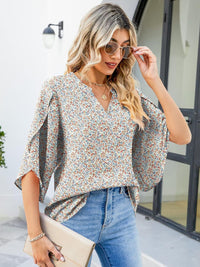 Printed Notched Half Sleeve Blouse Trandify Deal