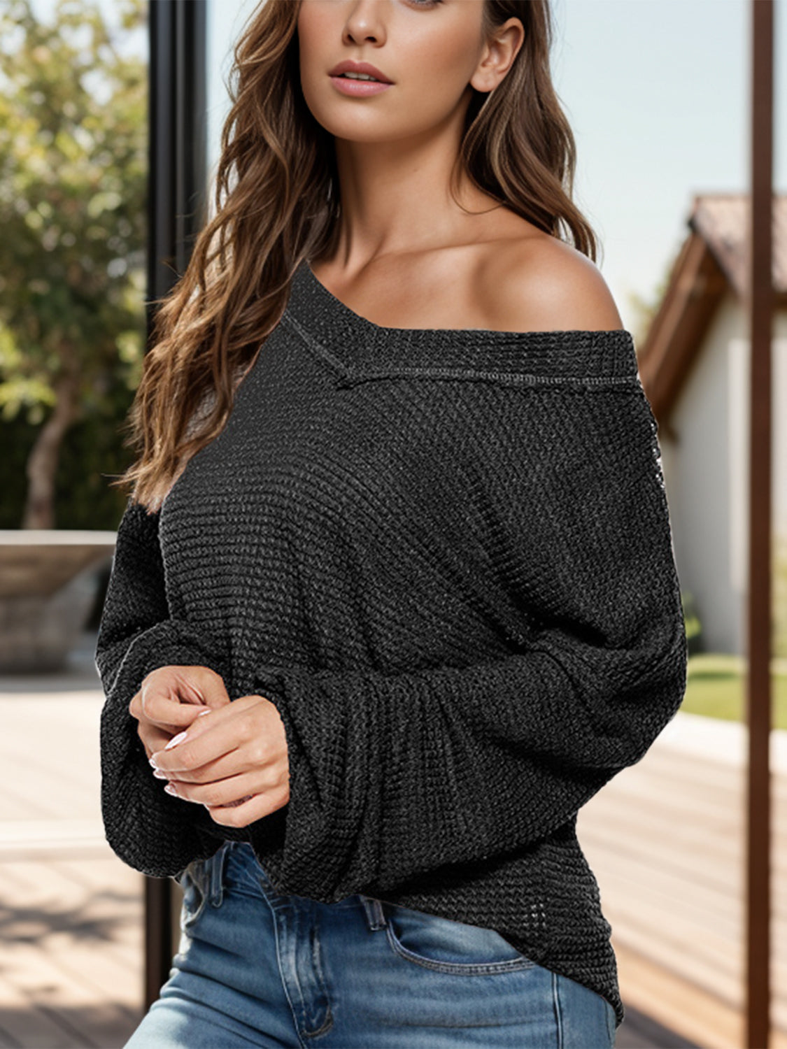 Dropped Shoulder Long Sleeve Knit Top Trandify Deal