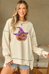 Contrast Stitching Sequin Pumpkin Round Neck Long Sleeve Sweatshirt Trandify Deal