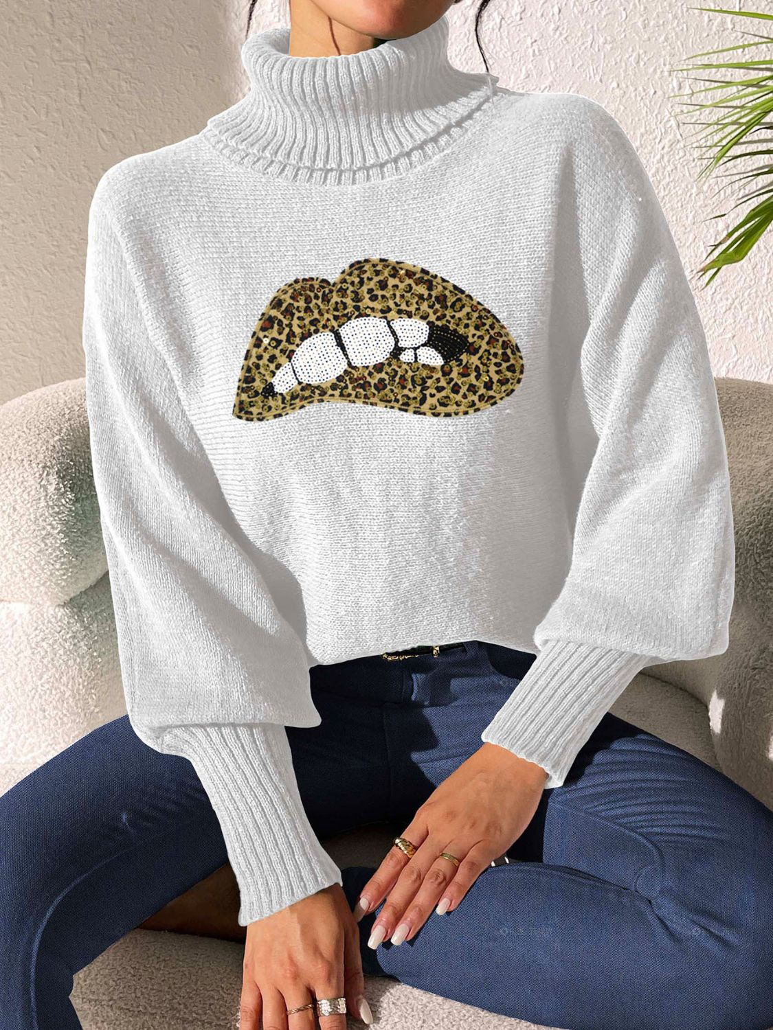 Lip Turtleneck Long Sleeve Sweater Trandify Deal