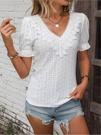 Eyelet Lace Detail V-Neck Flounce Sleeve Blouse Trandify deal