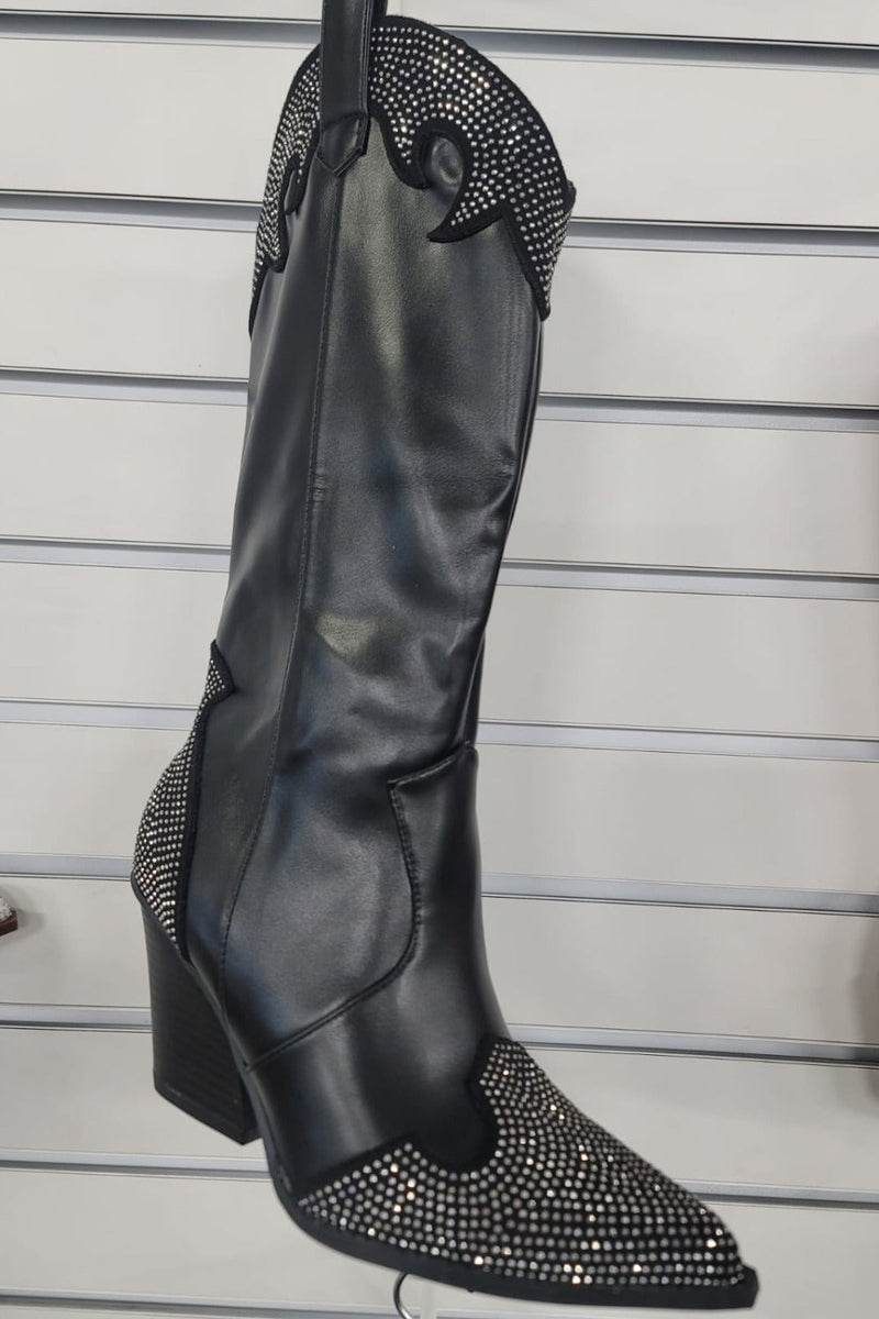 Weeboo Chunky Heel Rhinestone Decor Western Boots Trandify Deal