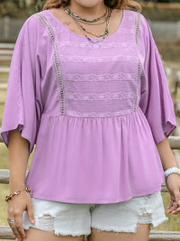 Plus Size Lace Detail Round Neck Three-Quarter Sleeve Blouse Trandify deal