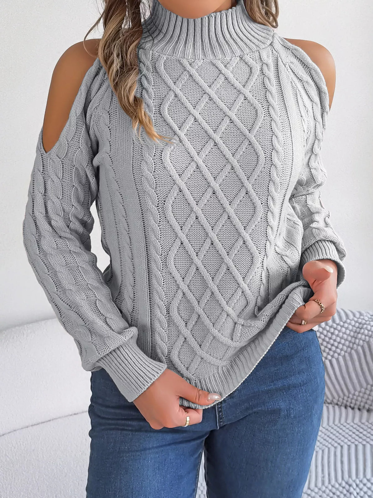 Women's Cold Shoulder Sweater | Cable Knit Turtleneck