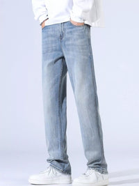 Men's relaxed fit wide leg jeans in blue wash - comfort stretch denim