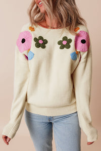 Crochet Flower Round Neck Dropped Shoulder Sweater Trandify Deal