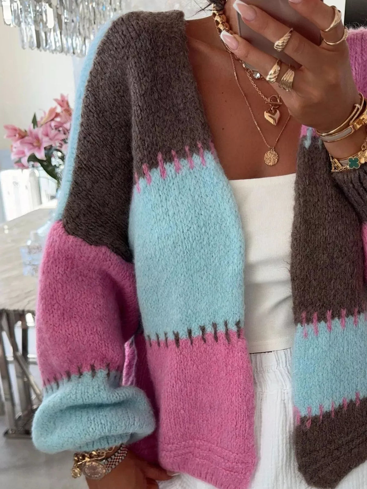 Color Block Open Front Cardigan - Basic Long Sleeve Polyester Top