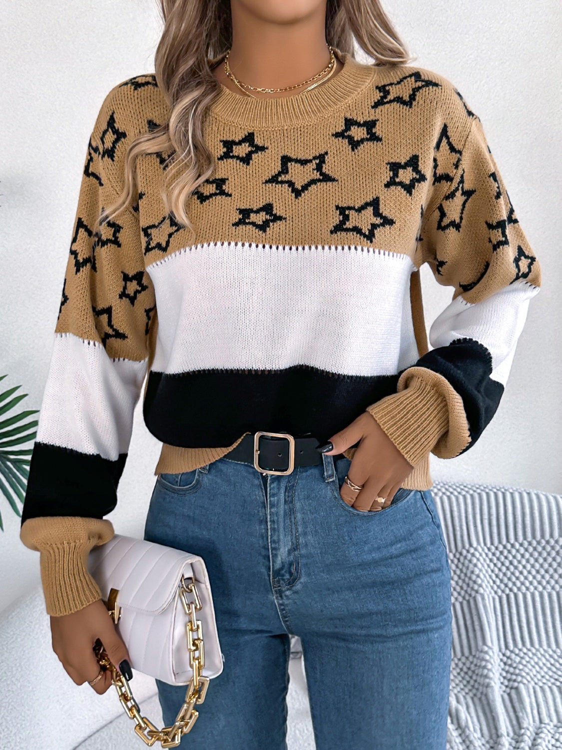 Star Contrast Round Neck Sweater Trandify Deal