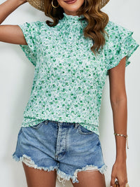 Ditsy Floral Mock Neck Flounce Sleeve Blouse Trandify deal