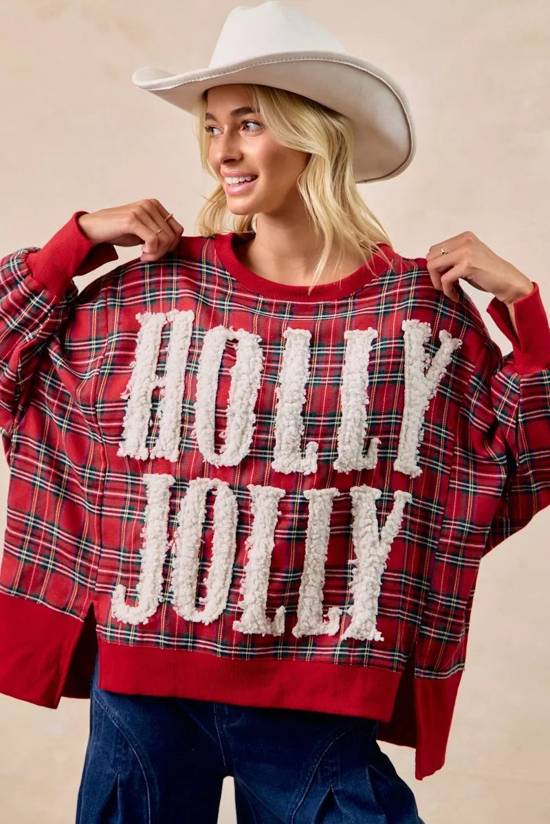 BiBi Women's Oversized Christmas Plaid Sweatshirt - Holly Jolly Holiday Party Top - Red Plaid Shirt
