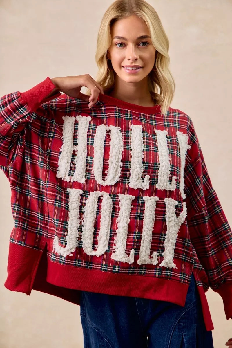 BiBi Women's Oversized Christmas Plaid Sweatshirt - Holly Jolly Holiday Party Top - Red Plaid Shirt