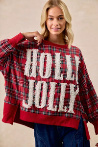 BiBi Women's Oversized Christmas Plaid Sweatshirt - Holly Jolly Holiday Party Top - Red Plaid Shirt