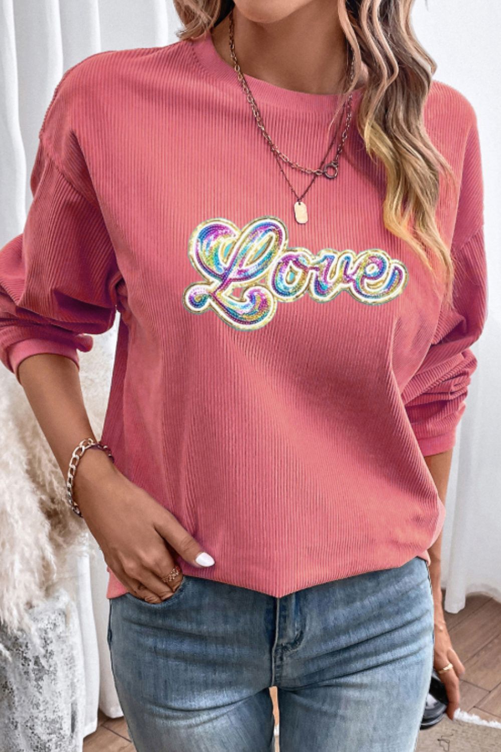 Valentine's Day LOVE Round Neck Long Sleeve Sweatshirt Trandify Deal