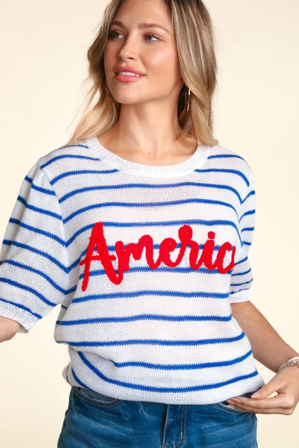 Haptics Letter Embroidery Striped Knit Top Trandify deal