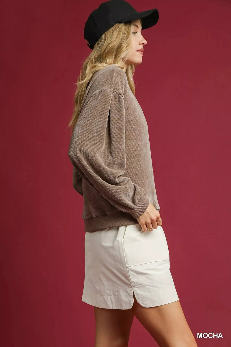 Women's plush velour oversized sweatshirt with large balloon sleeves, shown in Mocha
