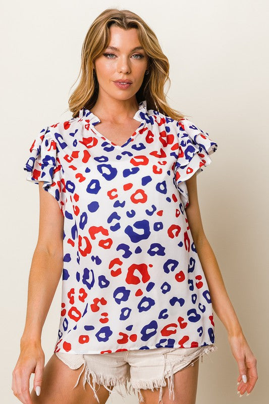 Leopard Print Ruffled Cap Sleeve Blouse - TrandifyDeal