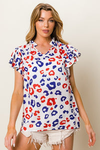 Leopard Print Ruffled Cap Sleeve Blouse - TrandifyDeal
