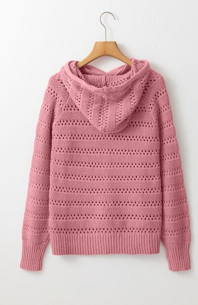 Women's lacy openwork knit hoodie with drawstring hood long sleeve sweater casual boho chic top for fall layering