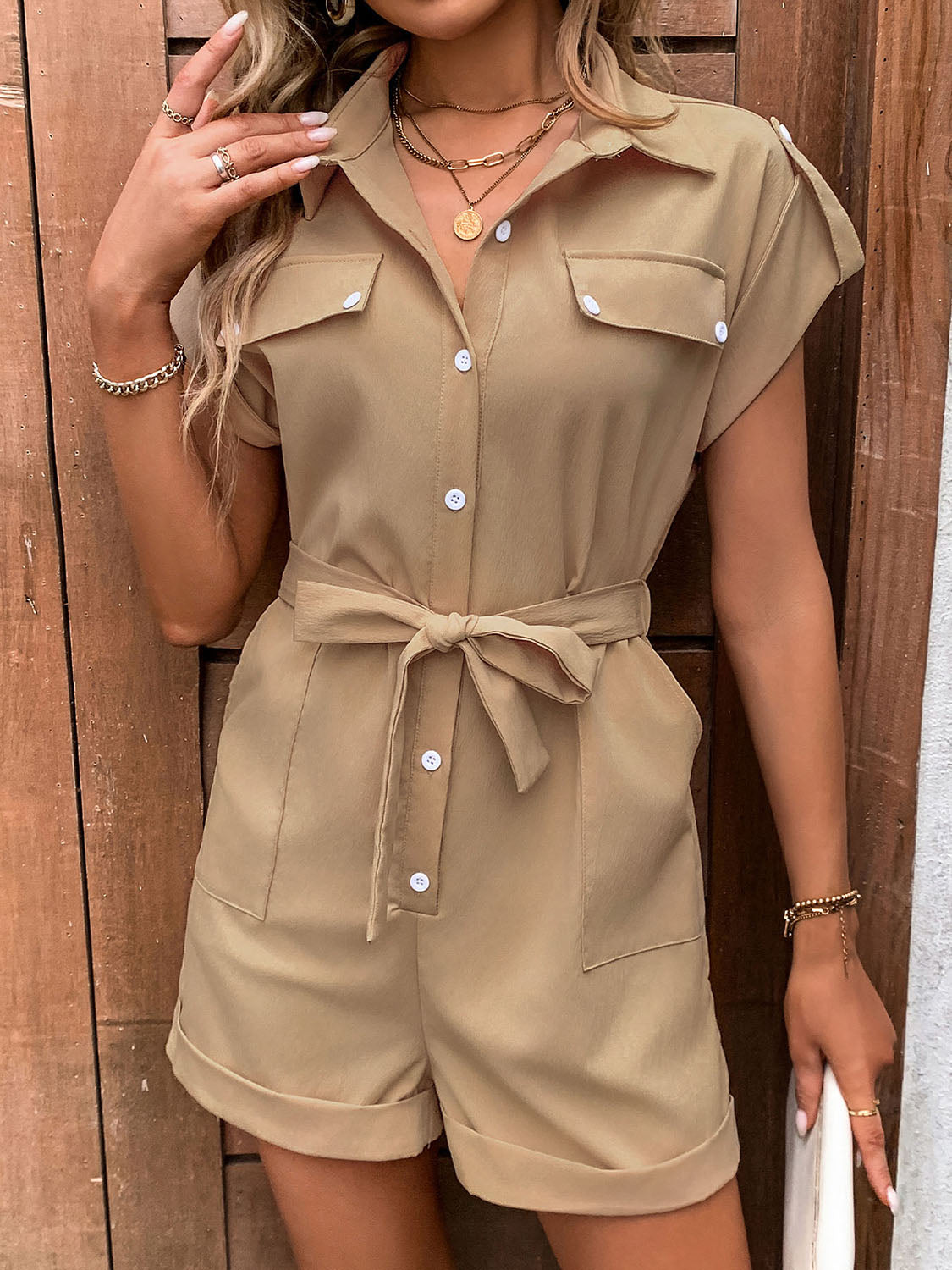 Stylish women’s collared tie-waist romper with pockets – Trendy summer outfit for casual and office wear | TrandifyDeal
