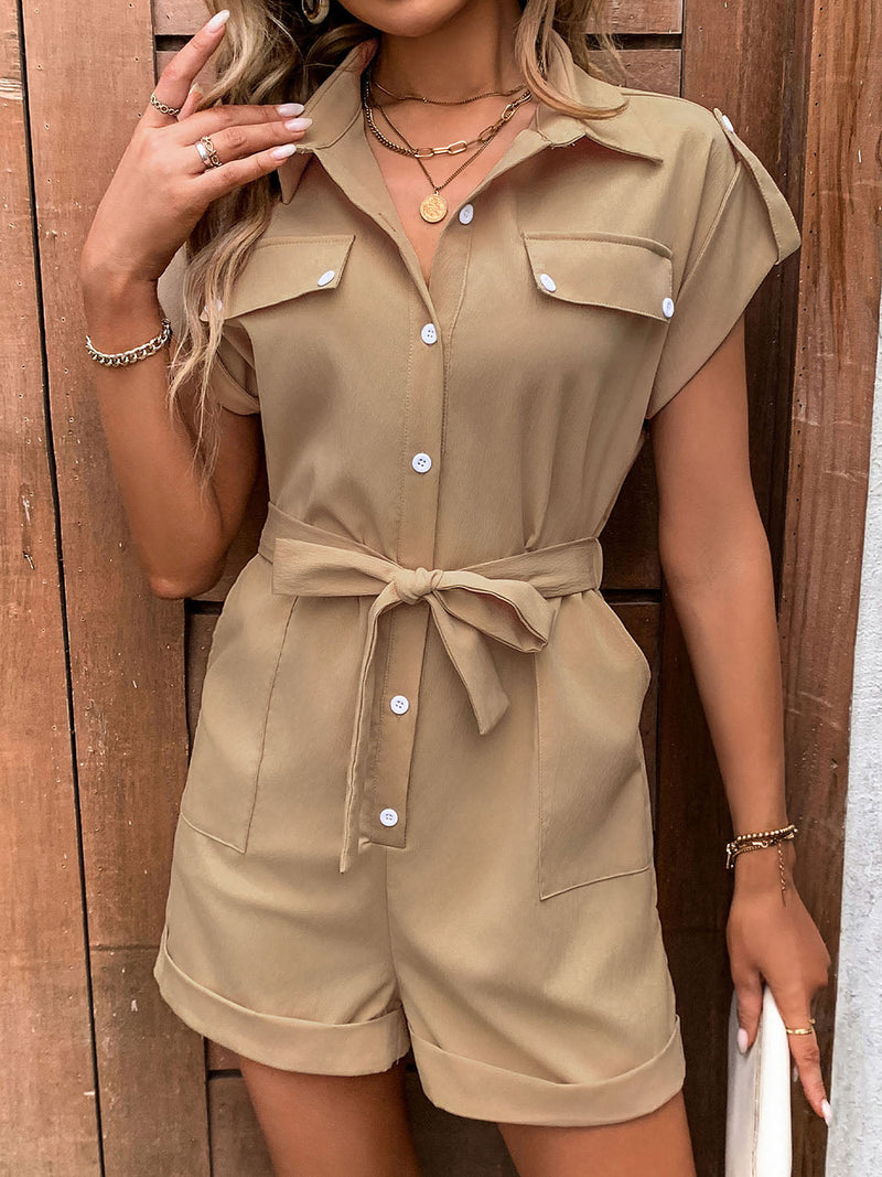 Stylish women’s collared tie-waist romper with pockets – Trendy summer outfit for casual and office wear | TrandifyDeal