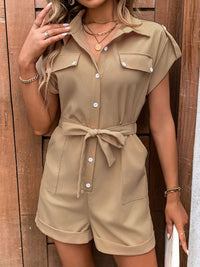 Stylish women’s collared tie-waist romper with pockets – Trendy summer outfit for casual and office wear | TrandifyDeal